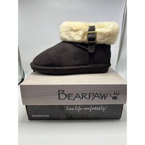 New! Bearpaw Abby Youth Chocolate Boots Size 5 M With Faux Fur Collar & Adjustab